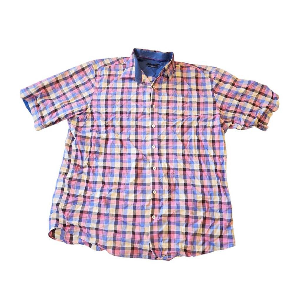 Bugatchi Mens Classic Fit Short Sleeve Button Down Shirt Plaid Pink Blue 24x30